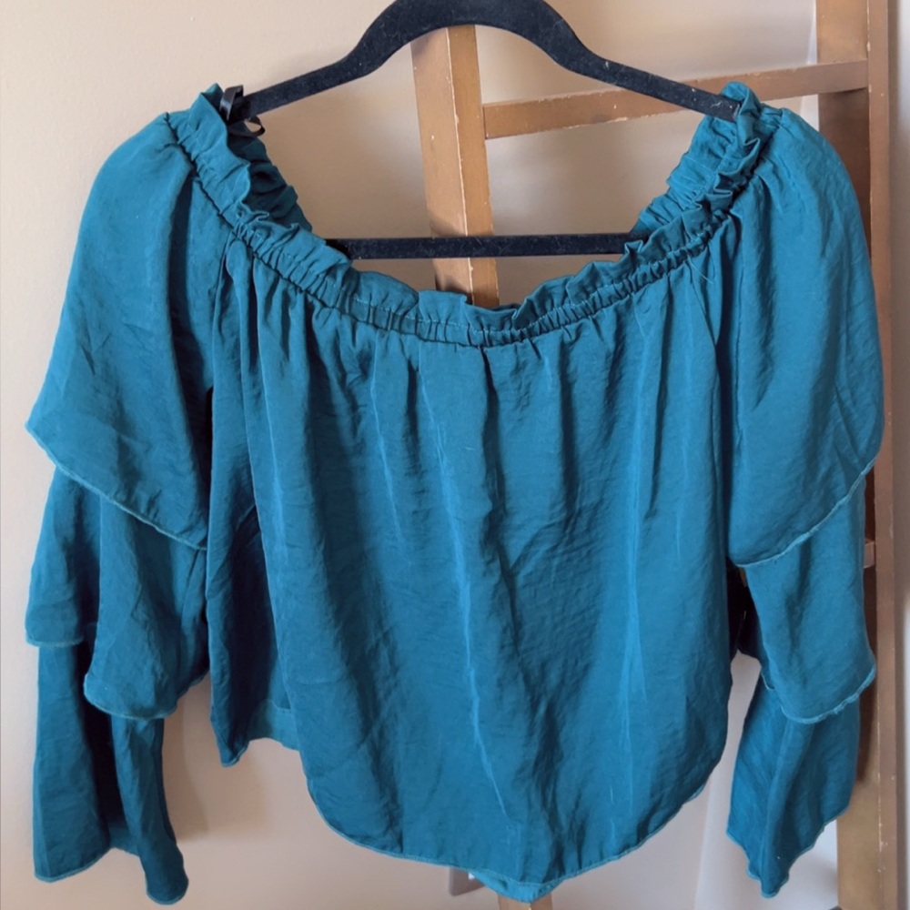 New Missguided Teal Ruffle Off-Shoulder Blouse Size US 6